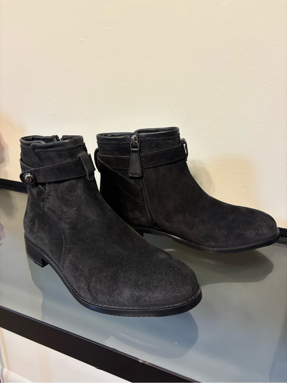 Johnston & Murphy black Suede Ankle Booties with Buvkle Detail